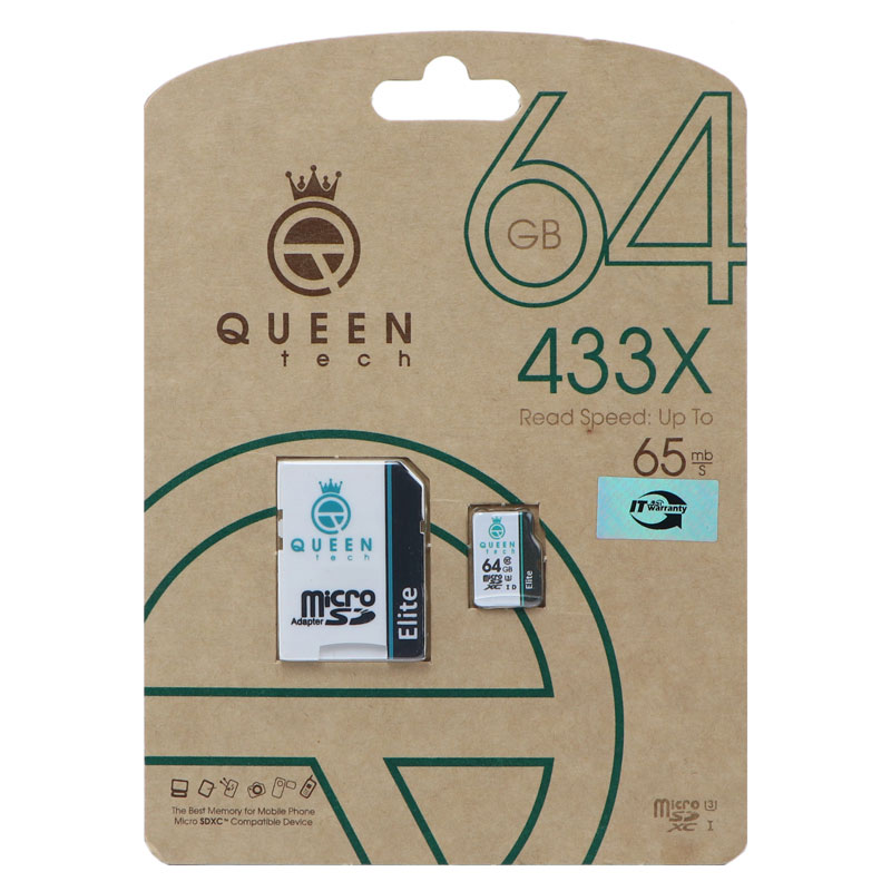 فروش عمده رم موبایل QueenTech 64GB MicroCD Elite 433X 65MB/S خشاب دار